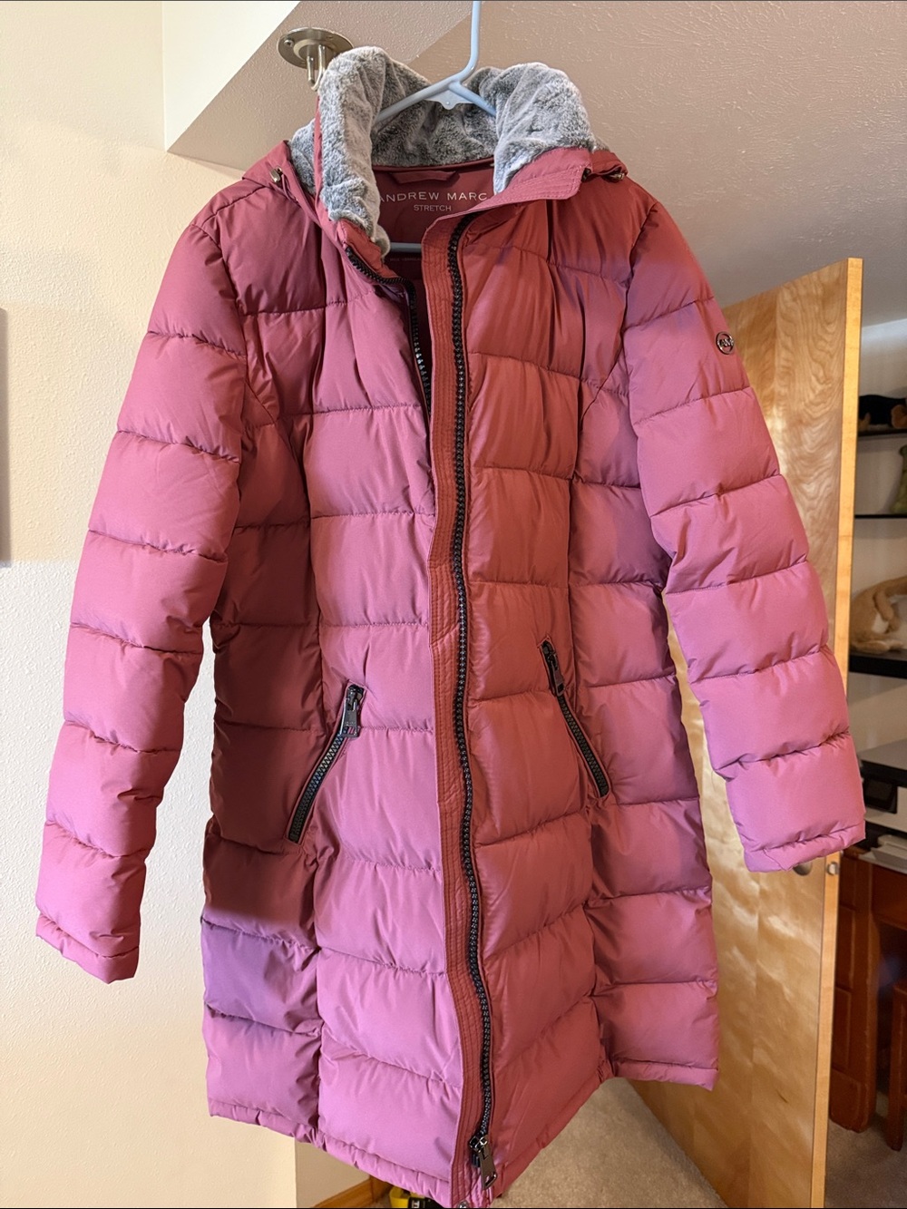 Andrew Marc Quilted Long Puffer Coat with Faux-Fur Hood